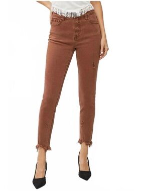 Risen Brown Distressed High-Rise Ankle Skinny Jeans in Espresso